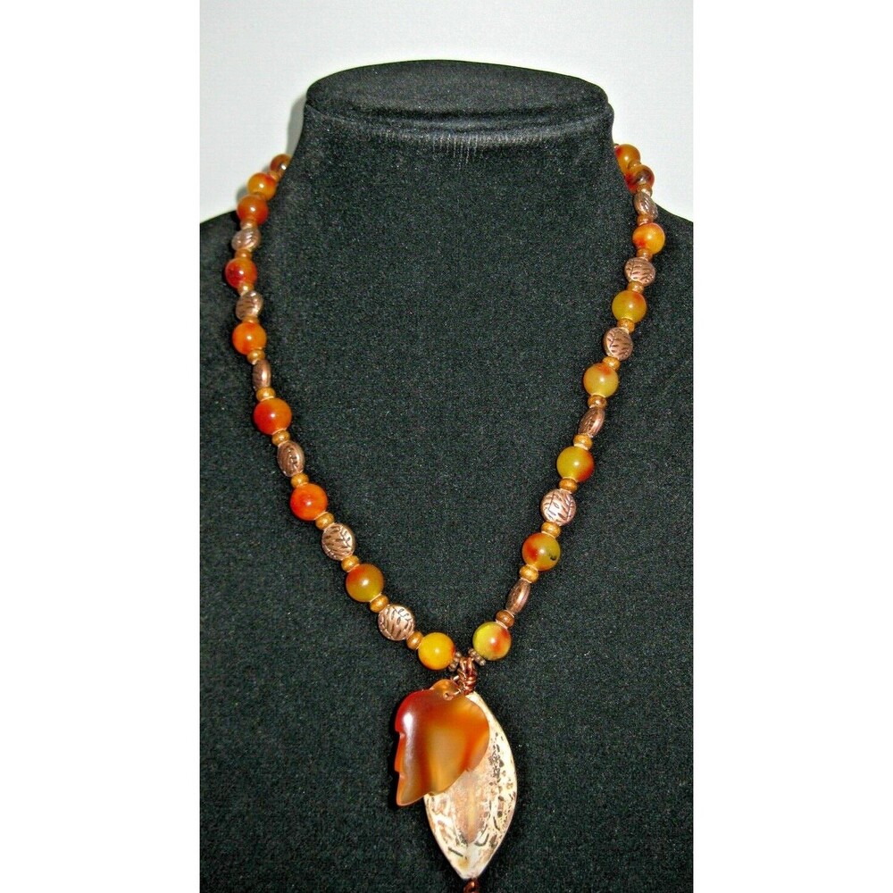Handmade Beaded Agate Necklace Leaves Matte Brown Red Copper Beads Fall Colors